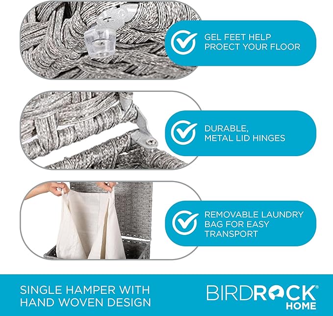 BIRDROCK HOME Laundry Hamper with Lid - Hand Woven PE Rattan Clothes Basket with Removable Liner Bag - Small Collapsible & Foldable Laundry Bin Organizer Storage for Bathroom, Bedroom - Single, Grey