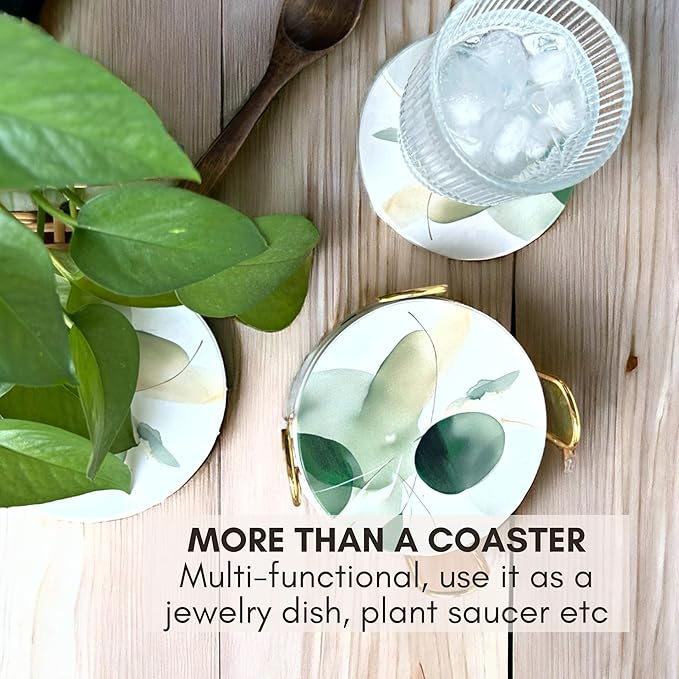 Ceramic Absorbent Coasters Set of 6 with Holder, Marble Drink Coasters for Coffee Table, Water Absorbing Coaster (Sage Blots)