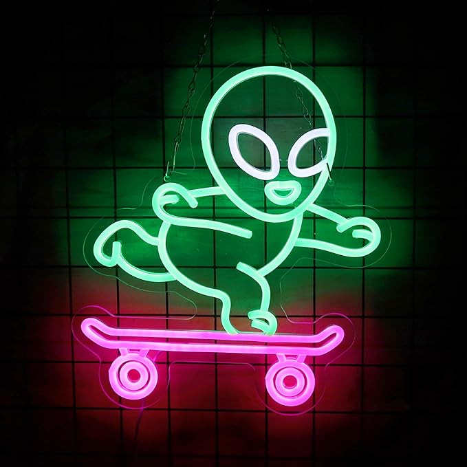 Alien Skateboard Neon Cool LED Light Up Sign For Room Wall decor Neon Alien Sign for Teen Boys Room Decor Dimmable LED Sign for Wall Art Gifts 12.6 * 14.2IN