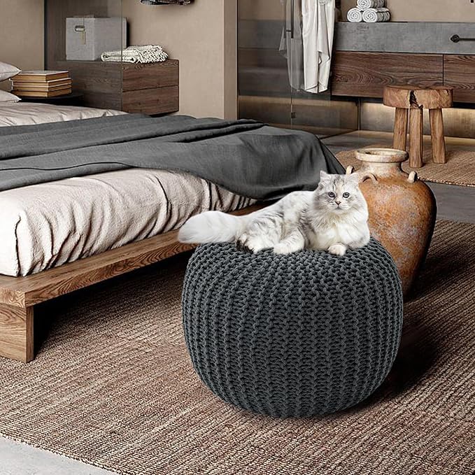 HOMBYS Unstuffed Ottoman Pouf Cover, 100% Cotton Handmade Knitted Ottoman Pouf Cover Round Foot Stool, Floor Bean Bag Chair, Foot Rest with Storage for Living Room Bedroom, Grey(Cover ONLY NO Filler)