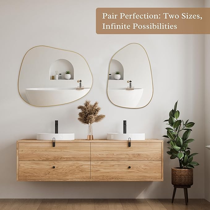 PERFNIQUE Irregular Wall Mirror Asymmetrical Mirror, 27''x19'' Gold Mirror for Bathroom Bedroom Living Room Entryway, Decorative Modern Wall Decor, Wall Mounted Mirror (Gold, 27''x19'')