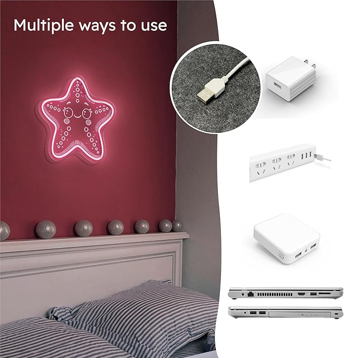 Starfish Neon Sign, Pink Neon Sign, Kawaii Star Ocean Decor Design, USB Cable with Dimmer, Beach Themed Night Light Gift for Craft Room Kid Wall Decor (11,8 * 11,5in)
