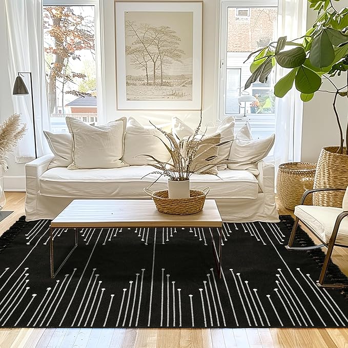 Tritard Boho Area Rug 4x6 - Woven Entryway Rugs with Tassels Farmhouse Aztec Bedroom Lightweight Throw Rugs Washable Indoor Cotton Thin Carpet for Kitchen, Bathroom, Playroom, Office, Black White