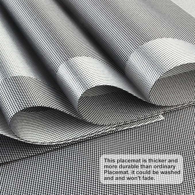 DACHUI Placemats Set of 4, Linen Look Woven Place Mats, Water Resistant, Heat Resistant, Washable, Durable Table Mats (Silver Grey)