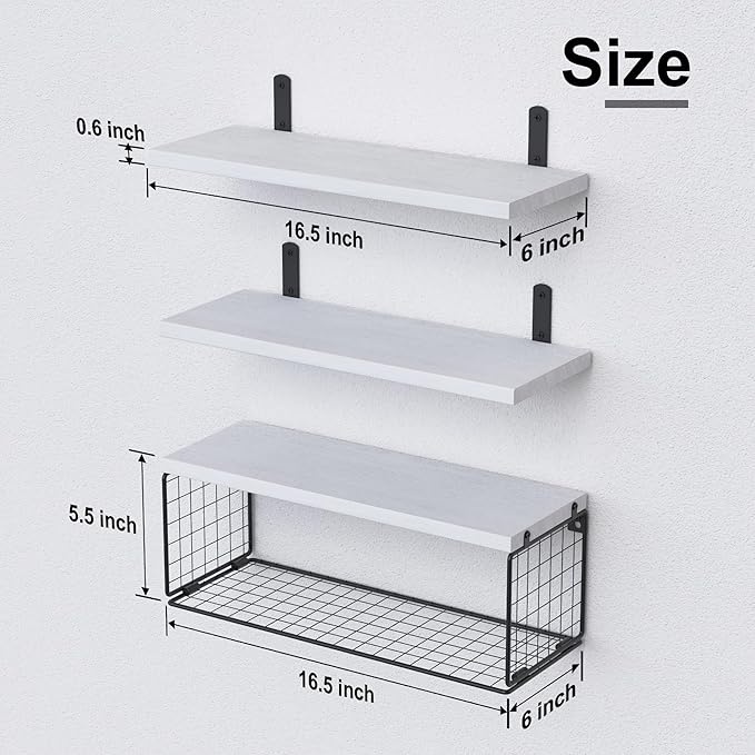 WOPITUES Bathroom Shelf Over Toilet, Floating Bathroom Shelf Wall Mounted with Wire Basket, Floating Shelf for Wall Décor-Modern White
