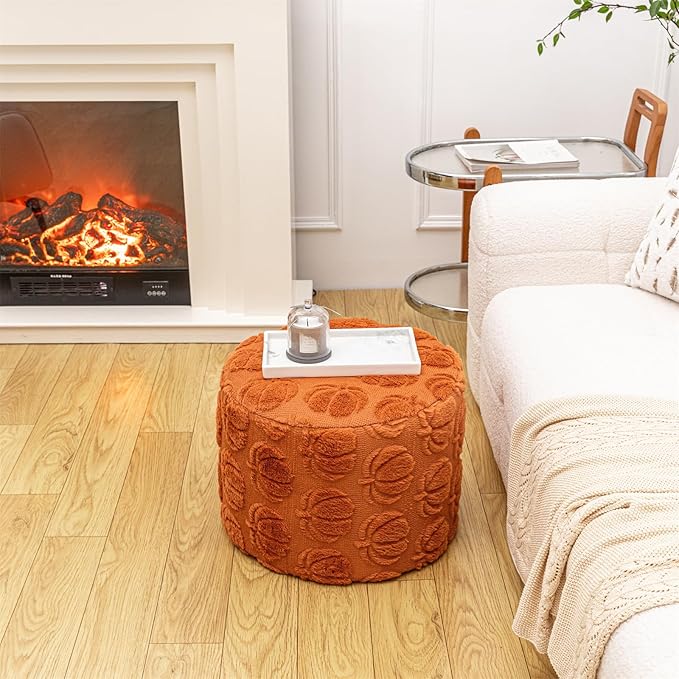 Asuprui Round Stuffed Ottoman Modern Supportive Foam Ottoman Foot Rest Furry Pouf Foot Stool 18x14 Inches Floor Poufs Foot Rest for Living Room Bedroom (Rust)