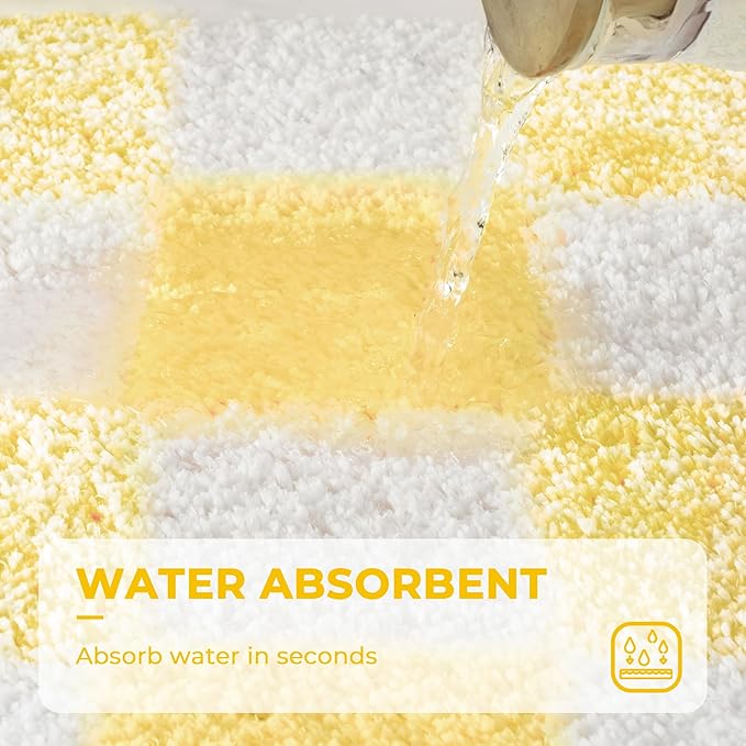 GRANNY SAYS Checkered Yellow Bathroom Rugs, 32" x 20", Non-Slip Bath Mats for Bathroom, Plush Shag Absorbent Microfiber Ultra Soft Bath Mat, Cute Washable Rug for Tub, Shower, Bedroom