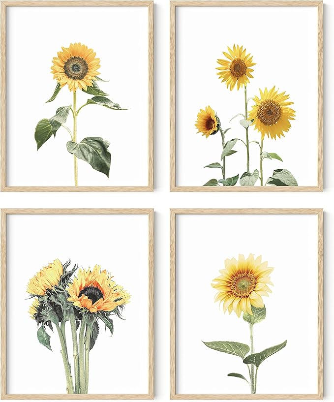 HAUS AND HUES Sunflower Wall Decor and Sunflower Posters Set of 4 Sunflower Bedroom Decor Sunflower Paintings for Wall Yellow Wall Art Kitchen Decor (Sunflower Set Collage 11x14 Framed Beige)