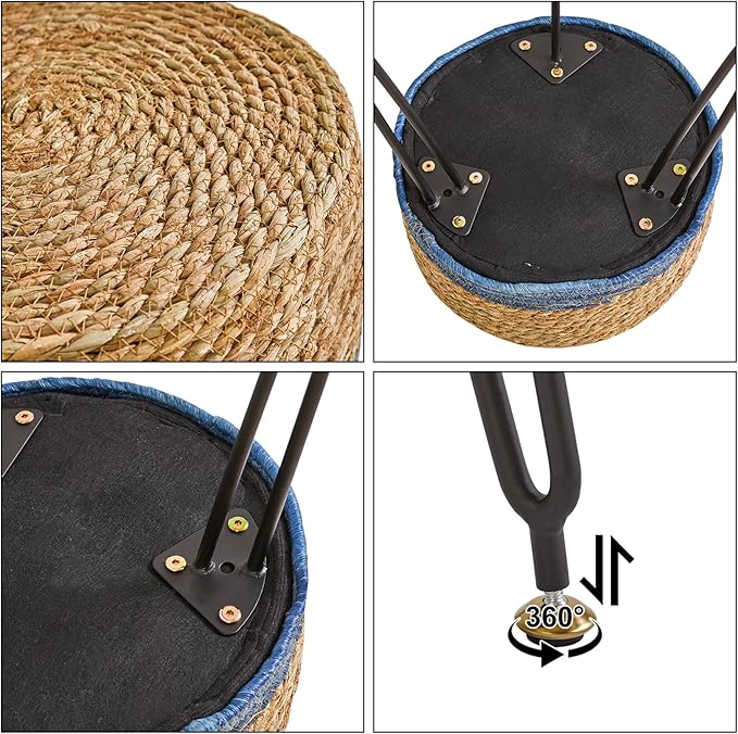YMYNY Footstool Natural Seagrass Hand Weave, Vanity Makeup Stool, Pastoral Style, Padded Foot Rest with Metal Legs, Foot Rest Sofa Stool, for Living Room, 12.59"L×12.59"W×17.71"H Natural&Blue UHBD029Q