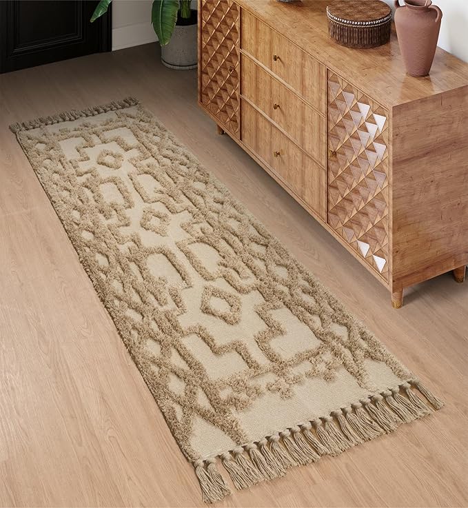 Uphome Boho Hallway Runner Rug 2' x 6', Khaki Cotton Washable Bathroom Rug Runner with Tassels, Hand Woven Tribal Kitchen Runners, Morrocan Accent Throw Carpet for Laundry Porch Bedroom Living Room