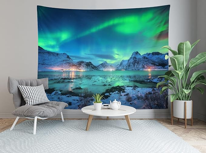 BELECO Northern Lights Wall Hanging - Aurora Borealis Tapestry 92x70 Inch Snow Mountains Lake View Starry Night Norwegian Winter Wall Decor for Living Room Bedroom Dorm
