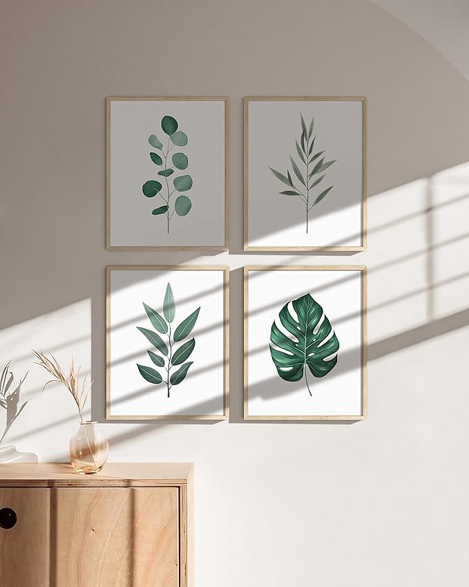 HAUS AND HUES Plant Wall Art - Botanical Prints Wall Art, Green Wall Art Collection Set Plant Pictures Wall Art, Leaves Paintings Minimalist Sage Green Wall Decor (Beige Frame, 11x14)