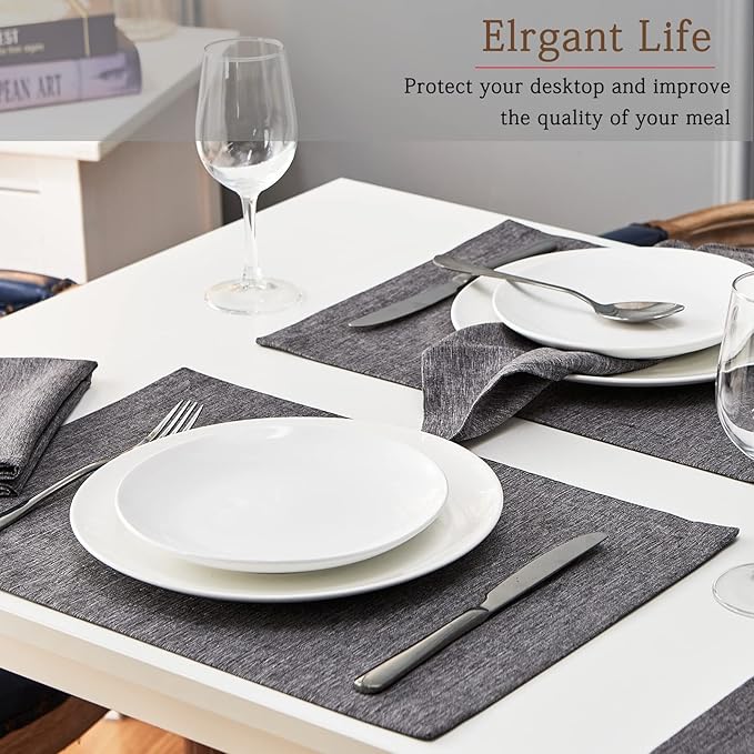 Mebakuk Cloth Placemats, Machine Washable Linen Style Thick Place Mats, Heat Resistant and Easy to Clean Fabric Table Mats for Kitchen Dining Table (Dark Grey, Set of 4)