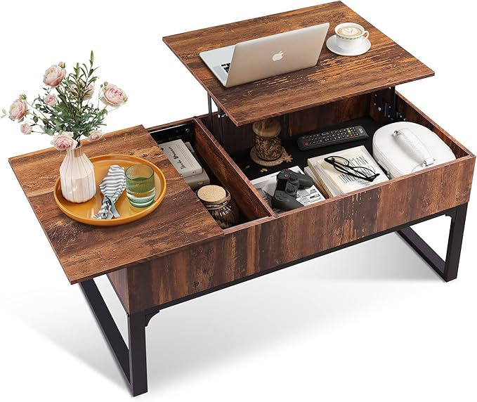 WLIVE Lift Top Coffee Table with Storage, 40.9" Coffee Table with Lifting Top & Sliding Cover, Wood Modern Center Table with 2 Hidden Compartment for Living Room, Retro Brown