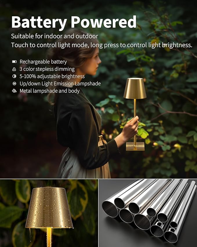 KDG 2 Pack Cordless Table Lamp,Portable LED Desk Lamp, 5000mAh Battery Operated, 3 Color Stepless Dimming Up, for Restaurant/Bedroom/Bars/Outdoor Party/Camping/Coffee Shop Night Light(Gold)
