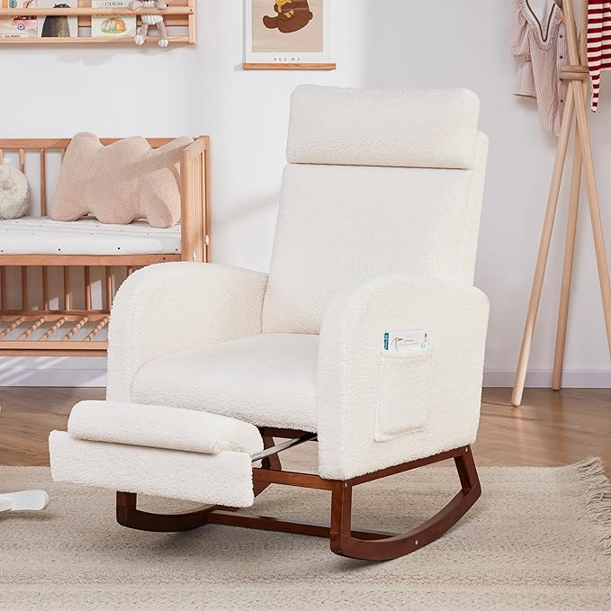 Rocking Chair Nursery Chair with Foot Rest, Nursery Rocking Chairs with High Back, Glider Rocking Chair with Pocket, Baby Nursery Glider Rocker, Nursing Chair Accent Living Room (Teddy, Ivory)