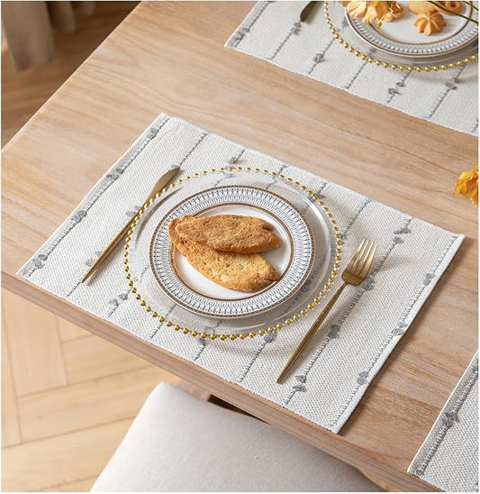 Boho Placemats Set of 6 for Dining Table Decor, Woven Cloth Place Mats for Farmhouse Rustic Kitche Home Decor, Cotton Placemats 13 x 19 Inch, Grey and Beige Table mats