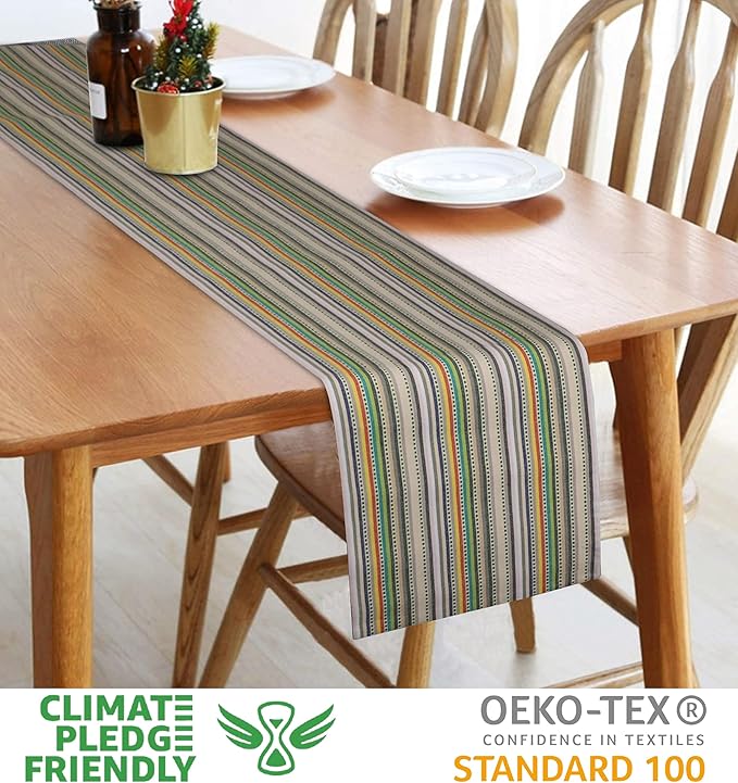 Urban Villa TableRunner 100% Cotton Fused Table Runner Multi Dobby Stripes 14''x72'' Over Sized Beige Multi Color Table Runner Heavier Quality ChristmasRunners