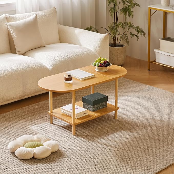 Wooden Tea Table Splicing Design, 2 Tier Coffee Table for Living Room, 35x16x17inch TV Table Stand with Storage Shelf Natural Wood Color YD-011N