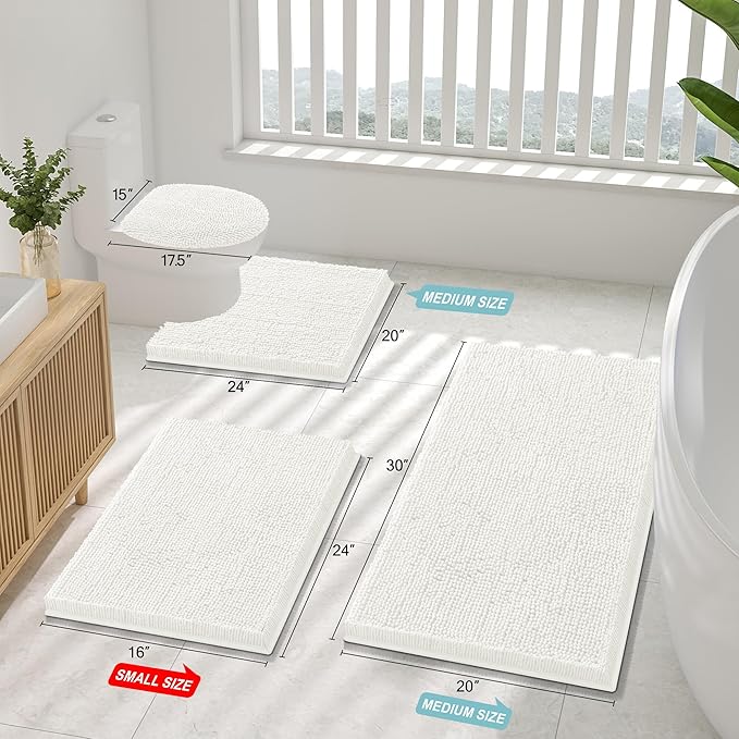 Smiry Luxury Chenille Bathroom Rugs 47x17, Extra Soft and Absorbent Shaggy Bath Mat, Machine Washable, Non-Slip Plush Carpet Runner for Tub, Shower, and Floor, Home Decor Accessories, Ivory