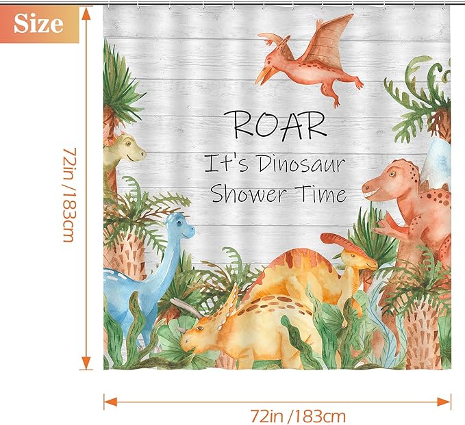 Aimego Cartoon Dinosaur Shower Curtain Yellow Cute Dino Animal Park Pattern Kids Shower Curtain Set with 12 Hooks for Bathroom Decor Accessories Bathtub Curtain, 72"x72"