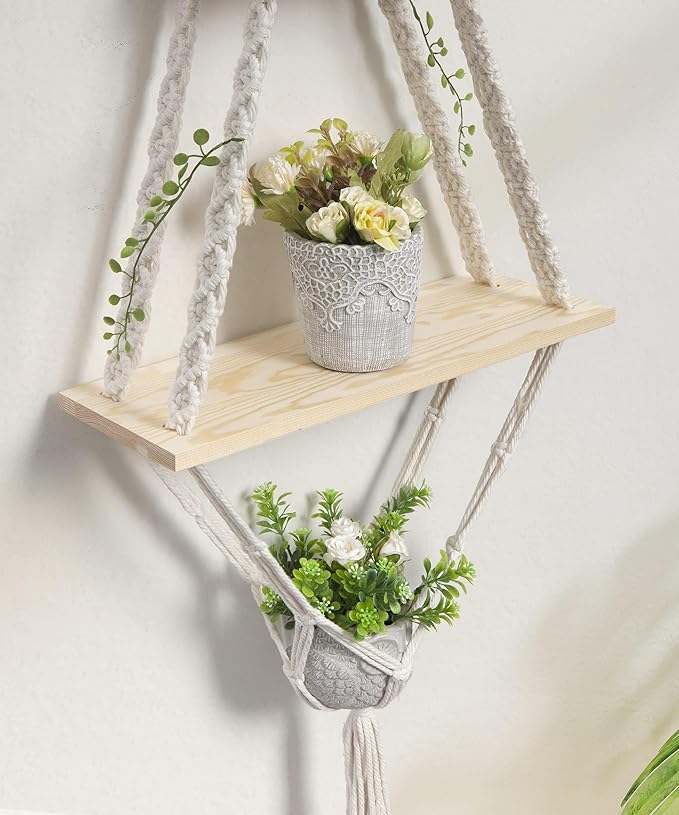 Afuly Hanging Shelves 2 Tiers Macrame Floating Shelf Wall Mounted, Boho Shelf Rack with Pine Wood Handmade Woven Rope for Bathroom Bedroom Living Room Plants Storage Home Decor, with Basket