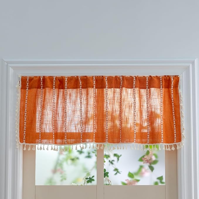 Sutuo Home Boho Kitchen Curtains Valance for Windows, Bohemian Short Curtains Light Filtering Farmhouse Vintage Tassels Window Treatment Embroidery Drape, Rod Pocket 1 Panel 52" W x 18" L, Orange