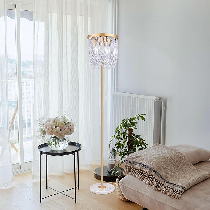 Wellmet Gold Floor Lamp With White Wood Beads for Living Room, Bedroom - Unique Round Decorative Lighting Fixture 60'' for Sofa, Bedside, Corner - DS-FL016