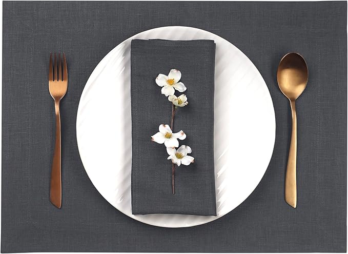 D'Moksha Homes Linen Charcoal Grey Placemats Set of 4-100% Pure Linen Placemats 14 x 19 Inch for Summer - Handcrafted and Machine Washable