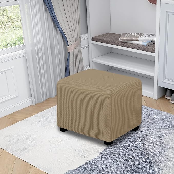 Easy-Going Stretch Square Ottoman Cover Folding Storage Stool Furniture Protector Soft Slipcover with Elastic Bottom (15x15x15inch, Tan)
