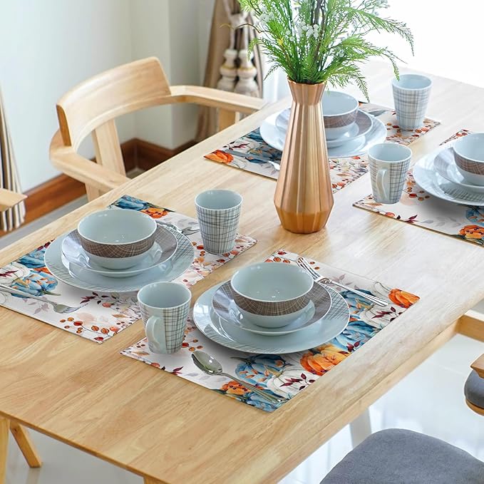 Fall Placemats for Dining Table Set of 4, Autumn Pumpkins Leaves Thanksgiving Harvest Washable Cloth Farmhouse Decorative Kitchen Table Mats 12x18 Inch for Seasonal Home Party Outdoor