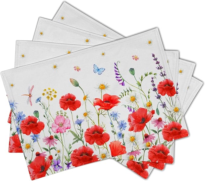 Red Poppy Floral Spring Place Mats Set of 4,Summer Flowers Leaves Place Mats Seasonal Table Mats for Party Kitchen Dining Decoration 12x18 Inch