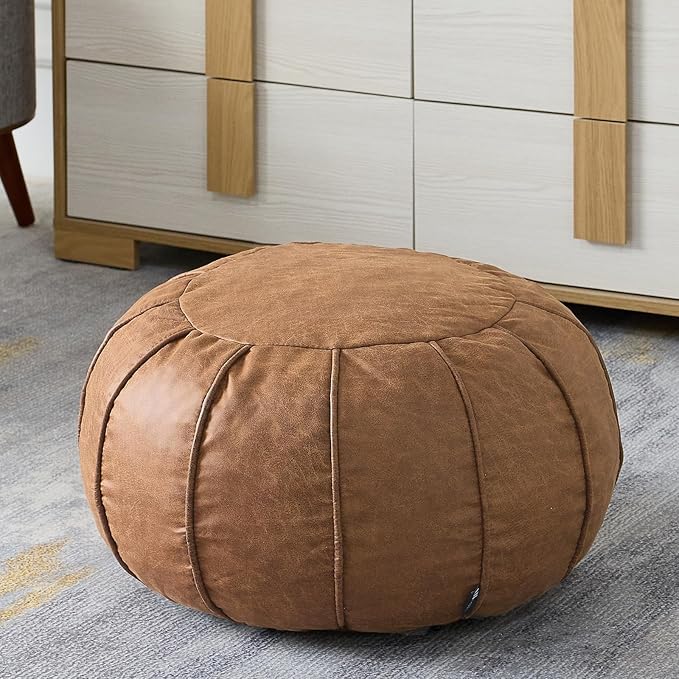 Louis Donné Unstuffed Moroccan Ottoman Pouf Cover, Waterproof Handmade Faux Decor Storage Solution for Kids Toy, Footstool Pouffe Cover Replacement Balcony Indoor 21dia Chestnut Brown, ONLY Cover