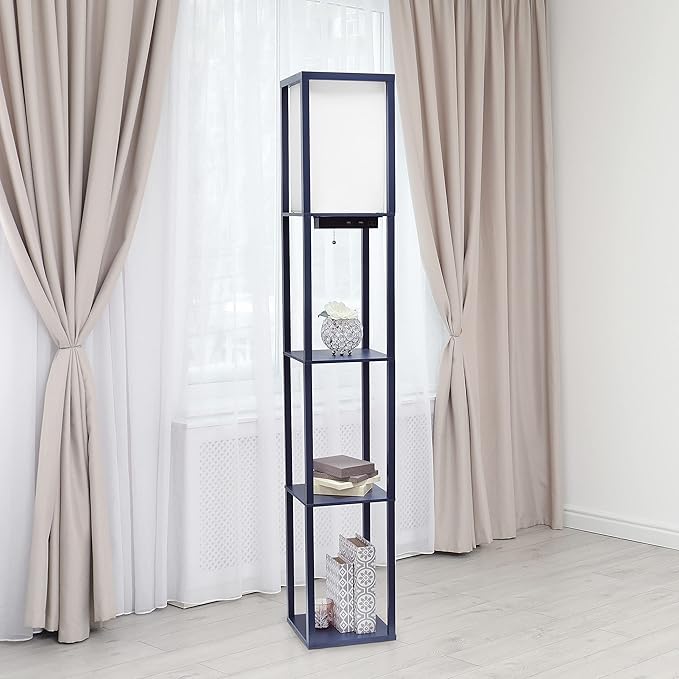 Simple Designs LF1037-NAV Floor Lamp Etagere Organizer Storage Shelf with 2 USB Charging Ports, 1 Charging Outlet and Linen Shade, Navy Blue