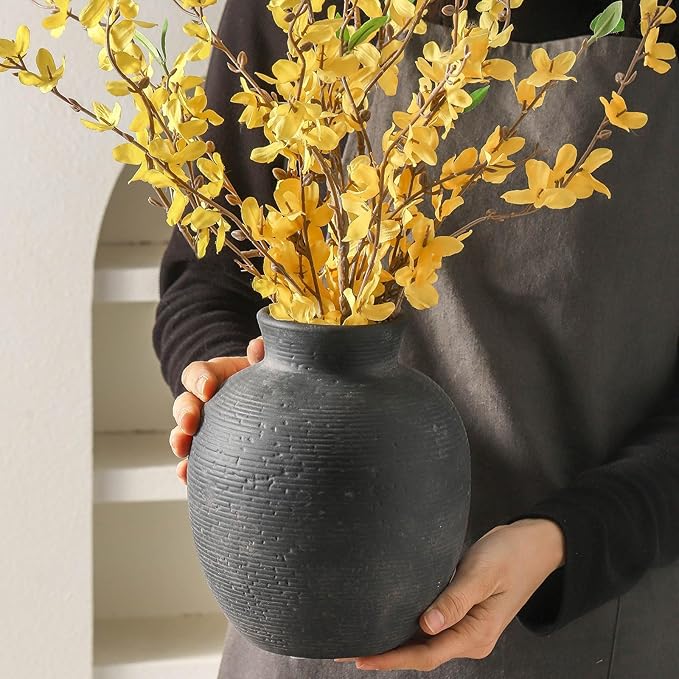 Ceramic Flower Vase Home Decor - Farmhouse Table Vases Rustic Vintage Living Room Kitchen Bedroom Decorations for House Book Shelf Office Coffee Desk Dining Fireplace (7.4" Black)