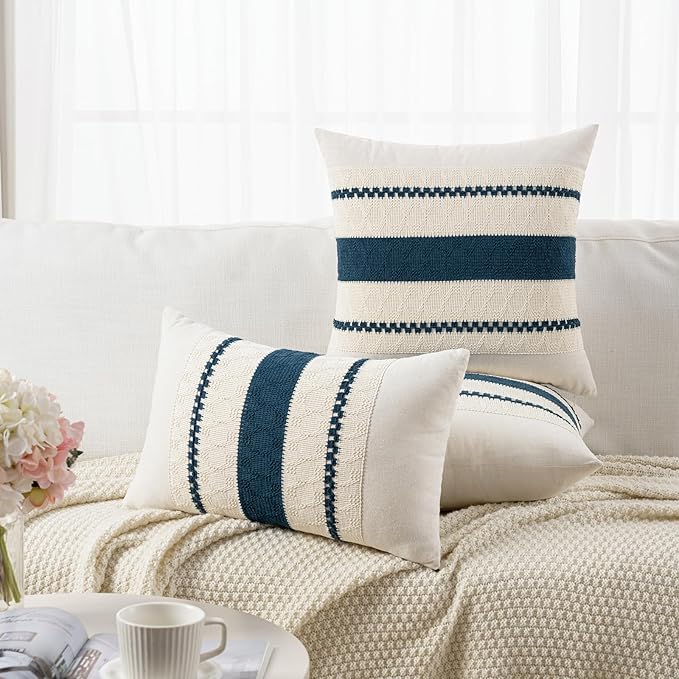 Fancy Homi Set of 2 Boho Teal Big Decorative Throw Pillow Cover 24x24 Inch for Couch Bed Bedroom, Aesthetic Modern Organic Farmhouse Room Decor, Soft Cotton Accent Macrame Woven Cushion Case
