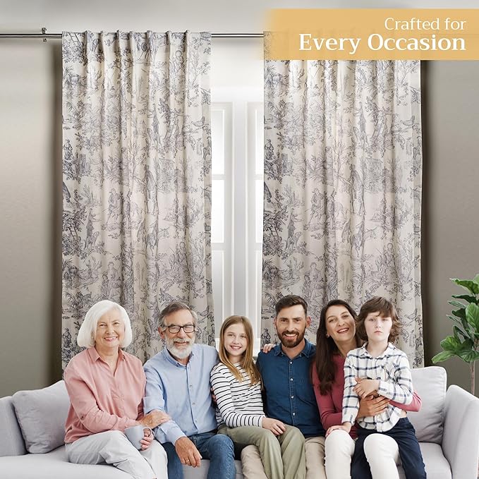 Maison d' Hermine Curtains for Living Room 100% Cotton 124 inch Length Two Panels Light Filtering Toile Curtains for Bedroom Windows with Rod and Loop Pockets (The Miller Paloma Gray, 50" W x 124" L)