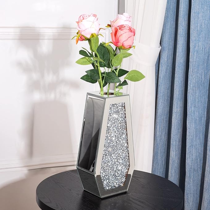 Crushed Diamond Mirror Vase Silver Flower Vases for Decor Bling Crystal Glass Vase for Room Decor, 12 Inches (Can Hold Water)