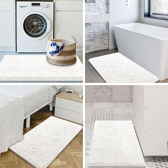 Smiry Luxury Chenille Bathroom Rugs 44x24, Extra Soft and Absorbent Shaggy Bath Mat, Machine Washable, Non-Slip Plush Carpet Runner for Tub, Shower, and Floor, Home Decor Accessories, Ivory