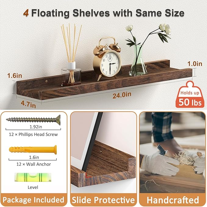 Floating Shelves for Wall, Solid Pine Wood Floating Shelf with Lip for Bedroom, Living Room, Kitchen, 24 Inch Wall Mounted Storage Shelves for Room Decor Organizers Set of 4 (Walnut, 4Pack 24inch)