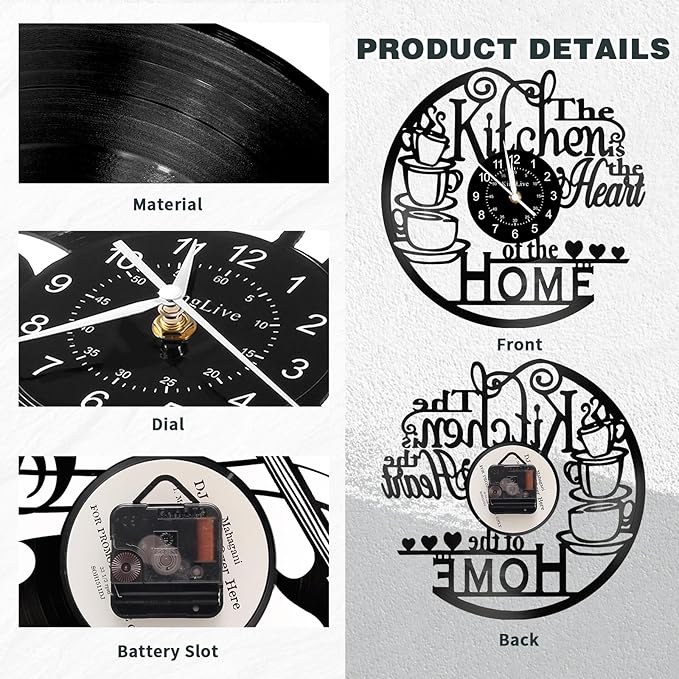 12 Inch Kitchen Vinyl Record Wall Clock, Kitchen Heat Home Theme Wall Clock, Coffee Bar Decor, Coffee Wall Decor for Office Living Room, for Women Wives, Black
