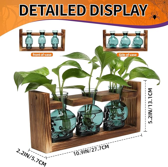 Plant Terrarium Propagation Stations Hydroponics Halloween Skull Planter Vase Skulls Decor with Wooden Stand Gife for Father