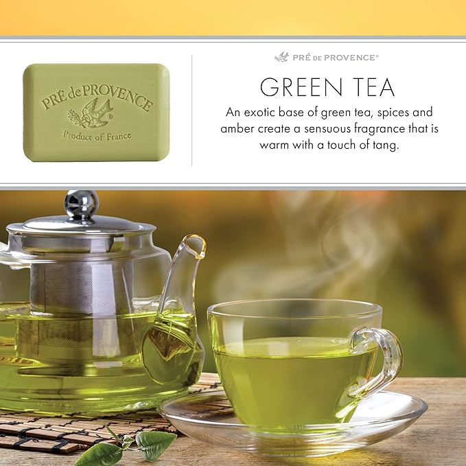 Pre de Provence Artisanal Soap Bar, Natural French Skincare, Enriched with Organic Shea Butter, Quad Milled for Rich, Smooth & Moisturizing Lather, Green Tea, 5.3 Ounce