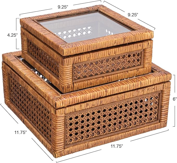 Creative Co-Op Modern Decorative Square Woven Rattan and Wood Display Boxes with Glass Top, Set of 2 Sizes, Dark Brown Finish