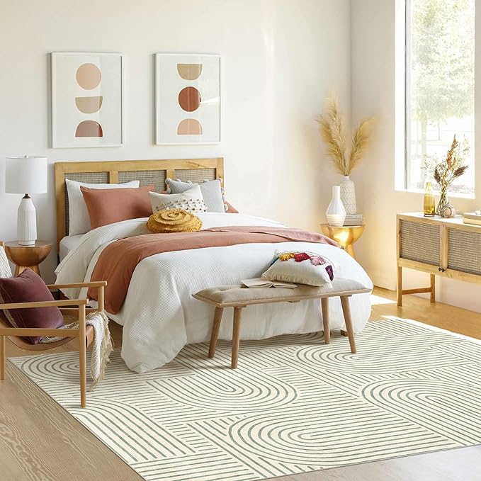 Washable Area Rug 8x10 - Large Sage Green Boho Rugs for Living Room Soft Abstract Bedroom Rug Ultra-Thin Modern Rainbow Carpet Stain Resistant Rug for Dining Room Nursery Room Home Decor