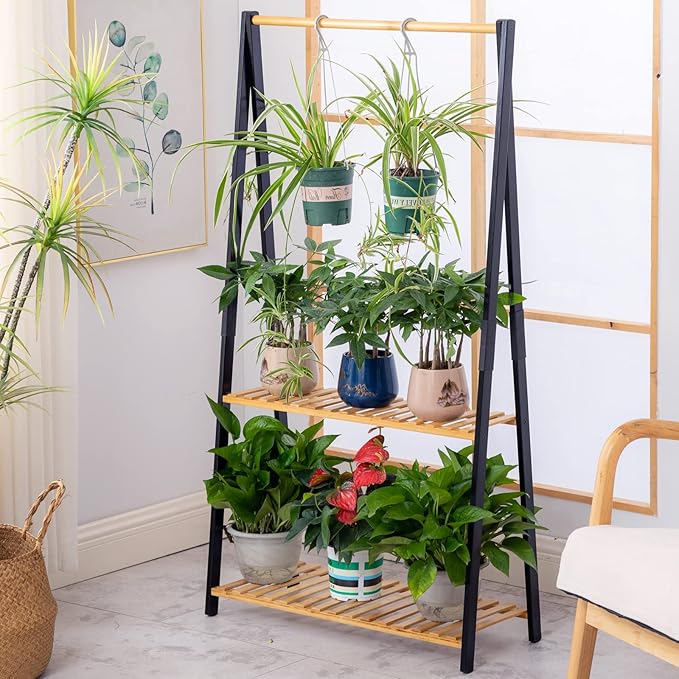 COPREE Bamboo 2-tier Hanging Plant Stand Planter Shelves Flower Pot Organizer Rack Multiple Flower Pot Display Holder Shelf Indoor Outdoor Heavy Duty Planter Shelving Unit