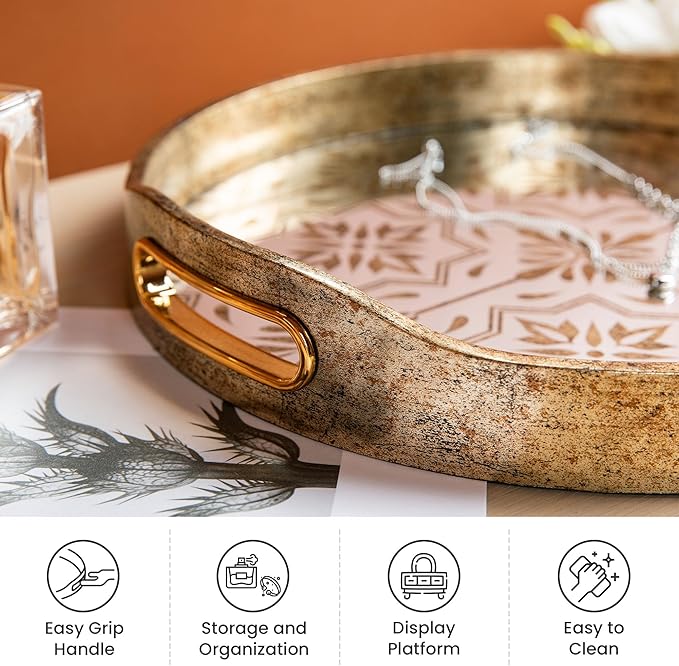 Glitzhome Set of 2 Large Gold Mirror Decorative Trays with Handles, Round Abstract Vanity Jewelry Perfume Tray Dresser Tray, Vintage Jewelry Organizer Makeup Trays