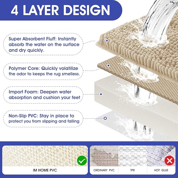 ACCUMTEK Striped Beige Bathroom Rug Set 3 Pieces Ultra Soft, Non Slip Chenille Toilet Mat, Absorbent Plush Shaggy Bath Mats for Bathroom, Bedroom, Kitchen