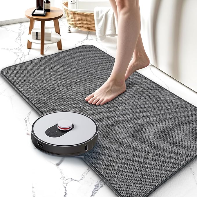 Thin Bathroom Rugs, Bath Mat Super Absorbent, Bath Rugs Rubber Backing Non-Slip, Quick Dry Machine Washable, Cozy Cloth Bathroom Mat fit Under Door/Sink/ Bathtub/Floor/Shower 24''x48''-Dark Grey