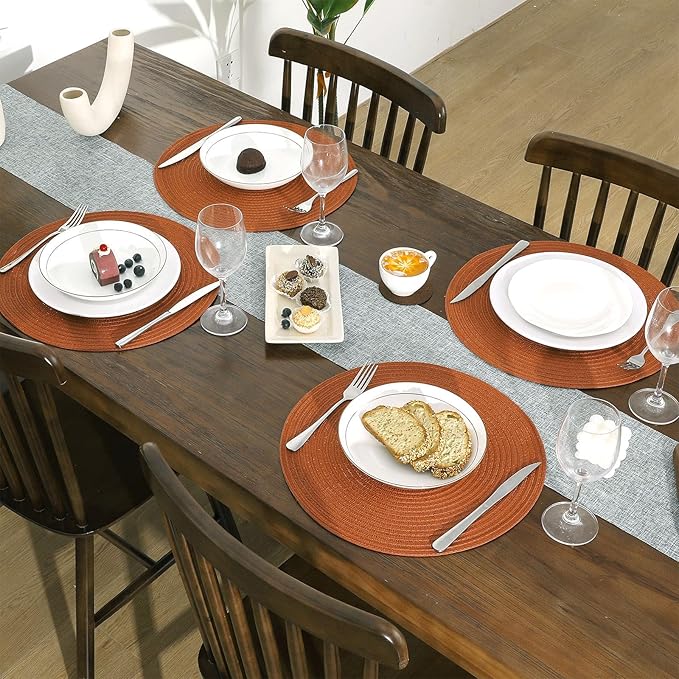 SHACOS Round Placemats Set of 4 for Dining Table 15 inch Round Braided Fall Placemats Washable Kitchen Table Mats Home Decor, Dark Orange